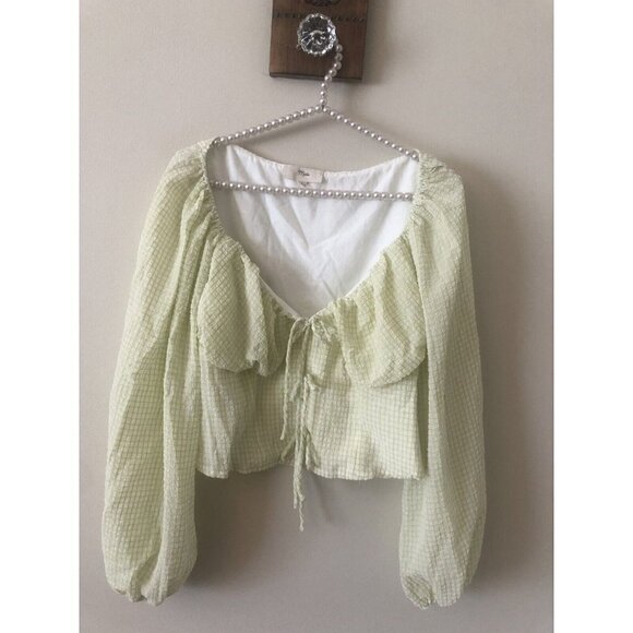 Mable Womens Size L Green Check Peasant Crop Top Tie Front Balloon Sleeve - Picture 1 of 5